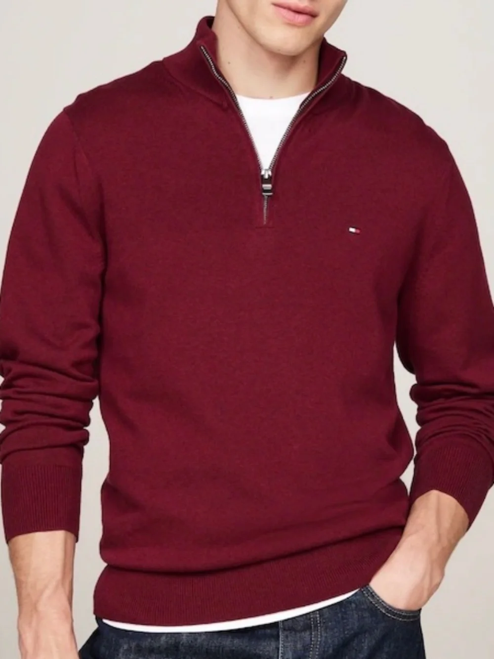 New Tommy Hilfiger Men’s Classic Quarter-Zip Sweater Burgundy Extra Small
